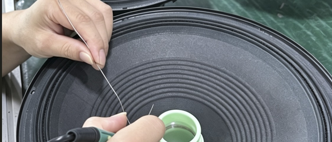 Technician soldering a woofer voice coil on the Wave Sound assembly line